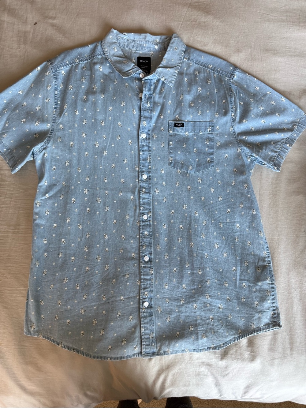RVCA Light Blue Short-Sleeve Button-Down Shirt with White Micro Floral